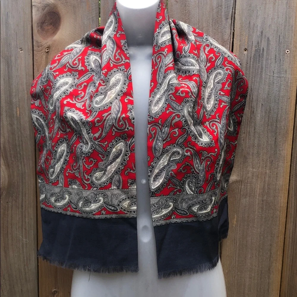 Hand printed in Switzerland Opera Wool Scarf w/ Red & Gray Paisley Design.